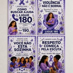 Campanha Agosto Lilás com mensagens de apoio contra a violência doméstica.