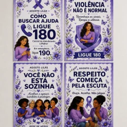 Campanha Agosto Lilás com mensagens de apoio contra a violência doméstica.