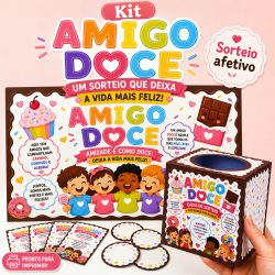 Imagem do Kit Amigo Doce com crianças e doces coloridos para sorteio.