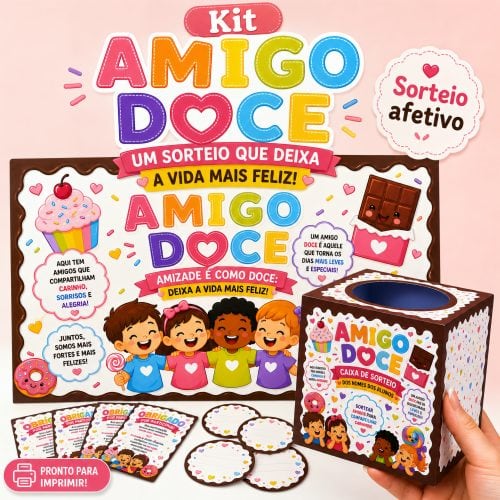 Imagem do Kit Amigo Doce com crianças e doces coloridos para sorteio.