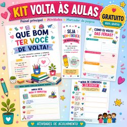 Material escolar e atividades para volta às aulas, com temas de boas-vindas e metas escolares.