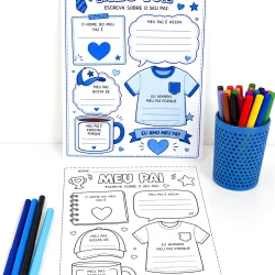 Atividade para o Dia dos Pais com desenhos e espaço para respostas.