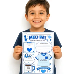 Menino feliz segurando atividade do Dia dos Pais com tema azul e coração.