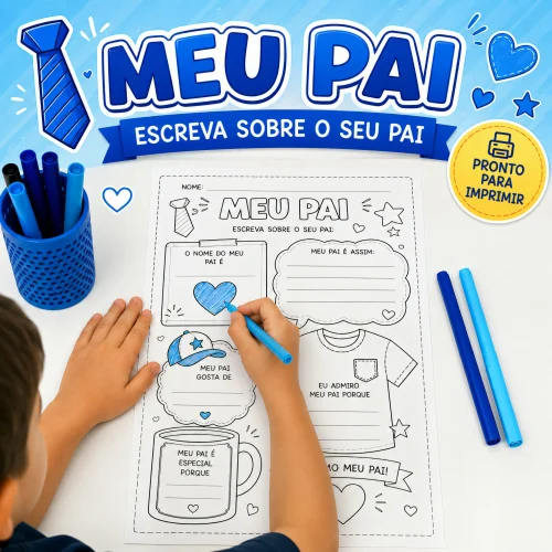 Criança preenchendo atividade sobre o pai com lápis azul.