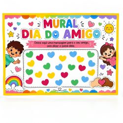 Mural colorido para o Dia do Amigo com mensagens e desenhos.