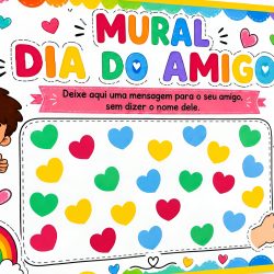 Mural colorido com corações para o Dia do Amigo na escola.