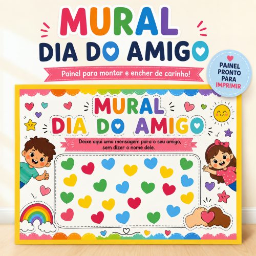 Mural para o Dia do Amigo com corações coloridos e desenhos infantis.