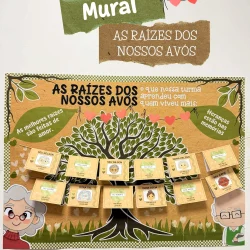Mural educativo sobre as raízes dos avós com fotos e histórias.