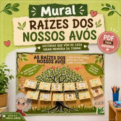 Mural educativo sobre as raízes dos avós com histórias e memórias familiares.