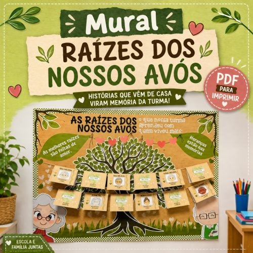 Mural educativo sobre as raízes dos avós com histórias e memórias familiares.