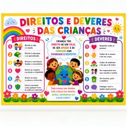 Infográfico sobre direitos e deveres das crianças com ilustrações coloridas.