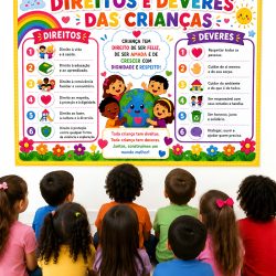 Quadro educativo sobre direitos e deveres das crianças para sala de aula.