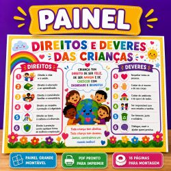 Painel ilustrado sobre direitos e deveres das crianças com desenhos coloridos.