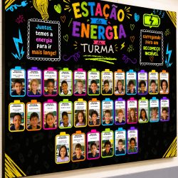 Painel escolar com tema de energia e estudantes em destaque.