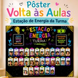 Pôster colorido com fotos de alunos e tema de energia para volta às aulas.