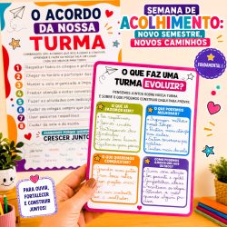 Cartaz com regras e objetivos para turma escolar na Semana de Acolhimento.