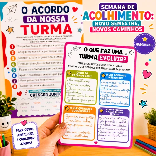 Cartaz com regras e objetivos para turma escolar na Semana de Acolhimento.
