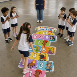 Crianças jogando amarelinha com personagens do folclore brasileiro.
