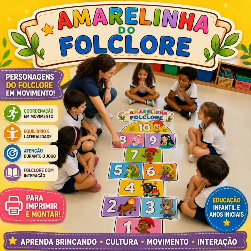 Jovens aprendendo a jogar amarelinha com personagens do folclore brasileiro.