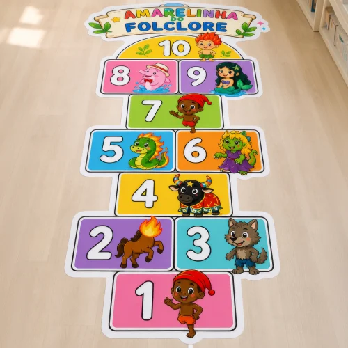 Jogo de amarelinha com personagens do folclore brasileiro.