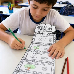 Criança estudando ciclo de vida da árvore em sala de aula.