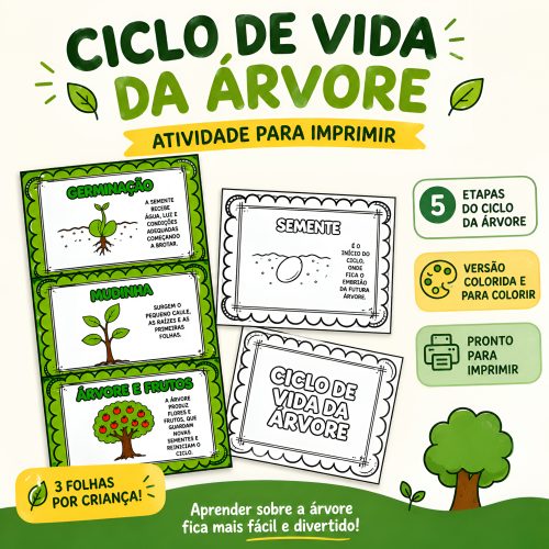 Ilustração do ciclo de vida da árvore com etapas e atividades educativas.