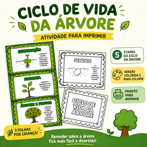 Ilustração do ciclo de vida da árvore com etapas e atividades educativas.