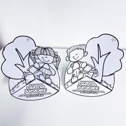 Atividades educativas para o Dia da Árvore com crianças desenhadas em papel.