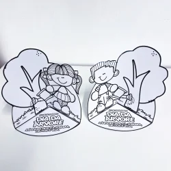Atividades educativas para o Dia da Árvore com crianças desenhadas em papel.