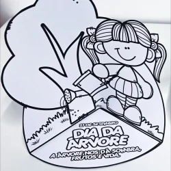 Desenho de criança regando uma árvore para o Dia da Árvore.