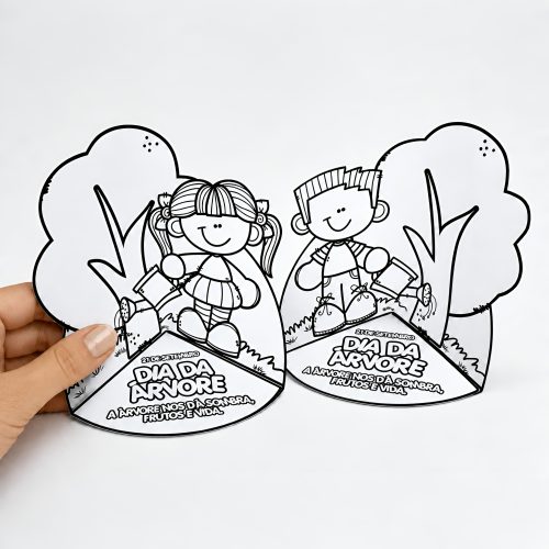 Atividade educativa para o Dia da Árvore com desenhos de crianças e árvores.