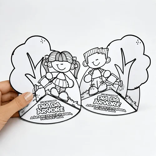 Atividade educativa para o Dia da Árvore com desenhos de crianças e árvores.