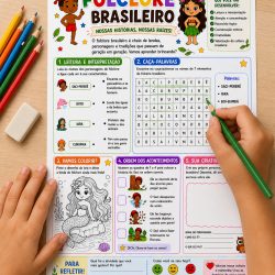 Atividade educativa sobre folclore brasileiro com personagens e palavras.