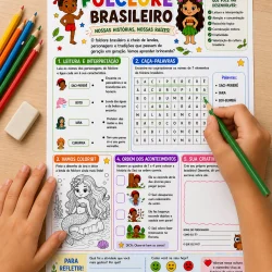 Atividade educativa sobre folclore brasileiro com personagens e palavras.