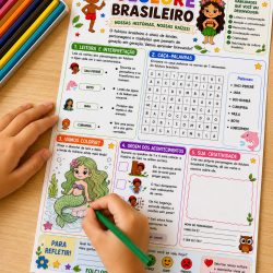 Atividade educativa sobre folclore brasileiro com palavras e desenhos coloridos.