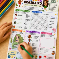 Atividade educativa sobre folclore brasileiro com palavras e desenhos coloridos.