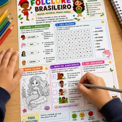 Atividade educativa sobre folclore brasileiro com leitura, caça-palavras e desenhos.