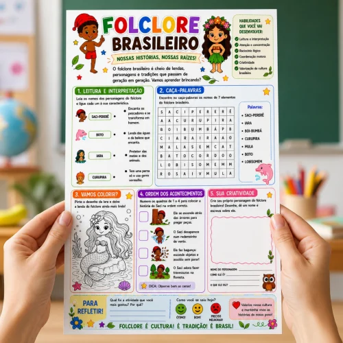 Atividade educativa sobre folclore brasileiro com personagens e caça-palavras.