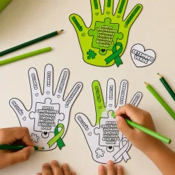 Mãos colorindo cartazes com laços verdes e mensagens de inclusão.
