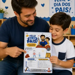 Pai e filho com atividade de Dia dos Pais, sorriso e carinho.