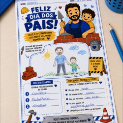 Atividade educativa para o Dia dos Pais com desenhos de pai e filho construindo.