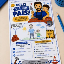 Atividade educativa para o Dia dos Pais com desenhos de pai e filho construindo.