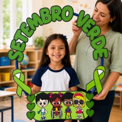 Criança e professora com símbolo Setembro Verde na escola.