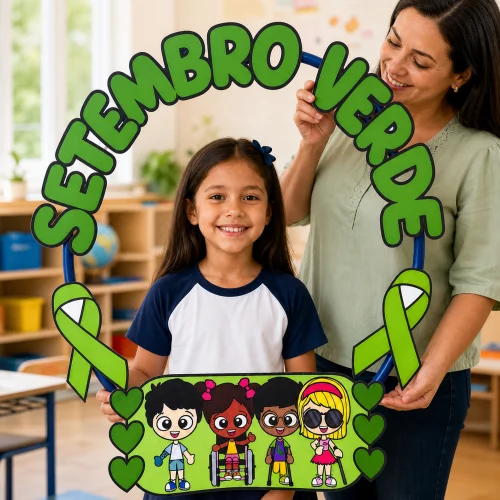 Criança e professora com símbolo Setembro Verde na escola.