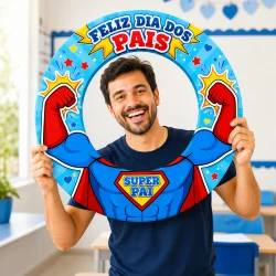 Homem sorridente segurando quadro de Dia dos Pais com tema de super-herói.