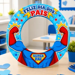 Quadro de homenagem Dia dos Pais com tema herói e superpoderes.