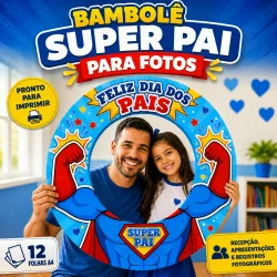 Pai e filha com bambolê de super-herói para fotos, tema Dia dos Pais.