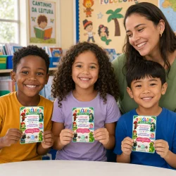 Crianças com cartão de lembrancinha de folclore e professora na sala de aula.