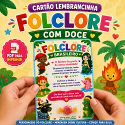 Cartão de lembrancinha com tema folclore brasileiro e doce.