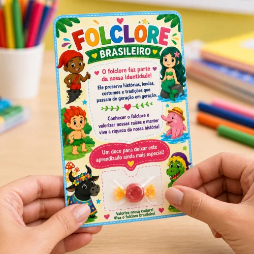 Cartão de lembrancinha com tema folclore brasileiro e doces coloridos.